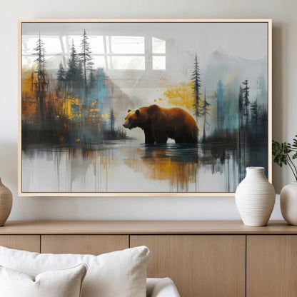 50308-MGV-FP-36X24-3P_Natural-Bear Wilderness Wall Art – Mountain Forest Canvas Print, Rustic Cabin Decor with Wildlife Landscape, Nature Artwork for Lodge,