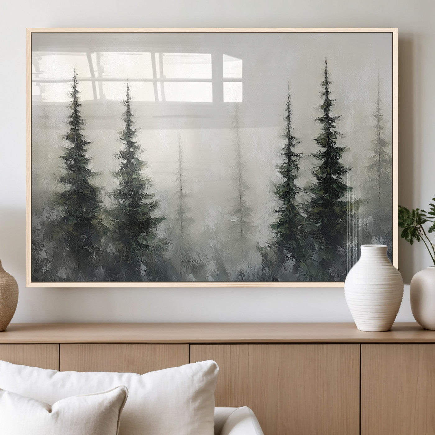 33241-MGV-FP-60X30-3P_Natural-Misty Forest Wall Art Canvas Print, Framed Foggy Pines Art Picture Print, Forest Haze Perfect Rustic Minimalist Decor Artwork