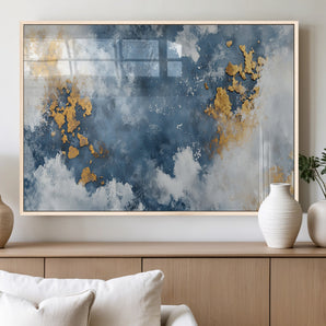 39575-MGV-FP-36X24-3P_Natural-Blue and Gold Abstract Wall Art – Modern Canvas Print Featuring Cloudy Textures with Metallic Accents, Contemporary Artwork for