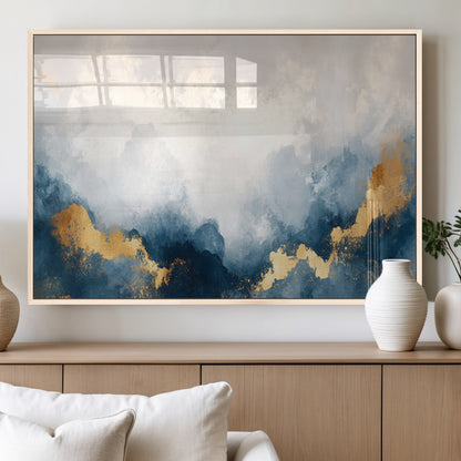 14578-MGV-FP-36X24-3P_Natural-Abstract Wall Art – Modern Canvas Print Featuring Blue and White Clouds with Golden Accents, Contemporary Elegant Artwork for