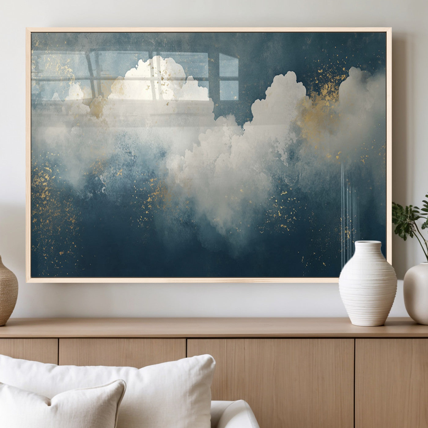 75131-MGV-FP-36X24-3P_Natural-Abstract Cloud Wall Art – Modern Canvas Print Featuring Blue and White Clouds with Golden Accents, Contemporary Artwork for Living