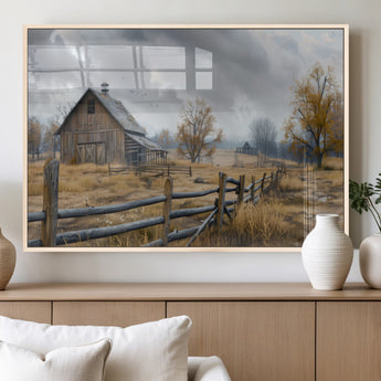 Farm1-MGV-FP-60X30-3P_Natural-Rustic Autumn Farmhouse Wall Art – Serene Countryside Scene Canvas Print, Weathered Barn and Autumn Trees Decor for Living Room,