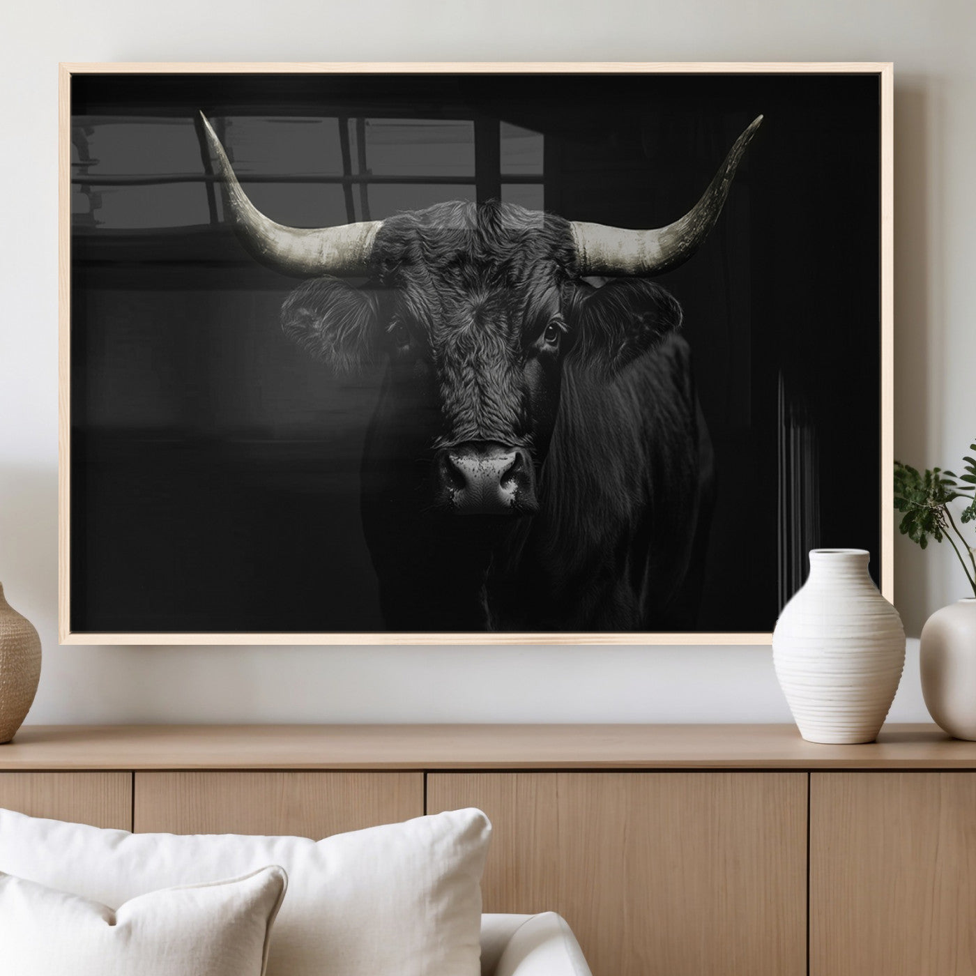 97914921-MGV-FP-36X24-3P_Natural-Black Bull Wall Art Canvas Print, Framed Longhorn Bull Art Picture Print, Western Bull Perfect Monochrome Western Decor Artwork