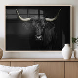97914921-MGV-FP-36X24-3P_Natural-Black Bull Wall Art Canvas Print, Framed Longhorn Bull Art Picture Print, Western Bull Perfect Monochrome Western Decor Artwork