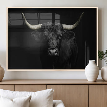 97914921-MGV-FP-36X24-3P_Natural-Black Bull Wall Art Canvas Print, Framed Longhorn Bull Art Picture Print, Western Bull Perfect Monochrome Western Decor Artwork