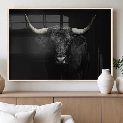 97914921-MGV-FP-36X24-3P_Natural-Black Bull Wall Art Canvas Print, Framed Longhorn Bull Art Picture Print, Western Bull Perfect Monochrome Western Decor Artwork