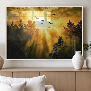 13776802-MGV-FP-60X30-3P_Natural-Golden Forest Wall Art Canvas Print, Framed Sunset Pines Art Picture Print, Flying Birds Perfect Nature Glow Decor Artwork