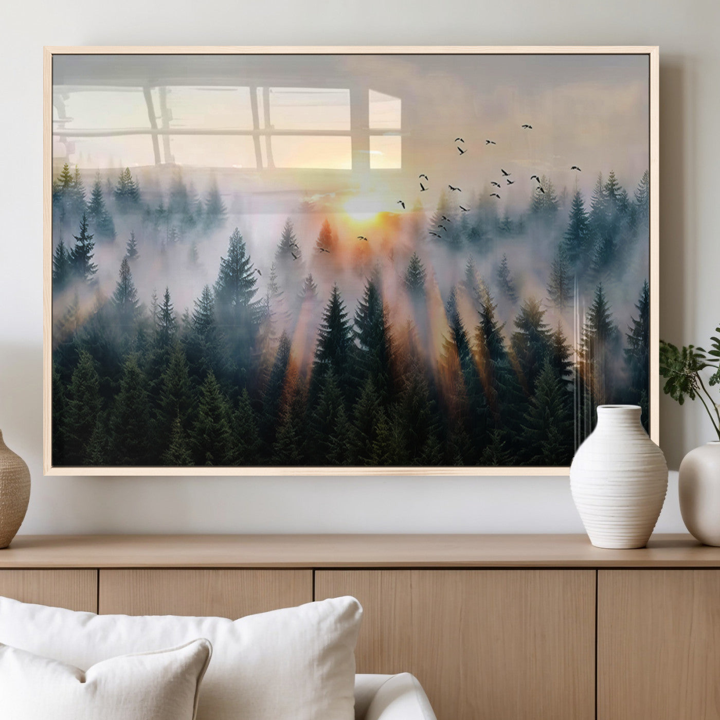 56391411-MGV-FP-36X24-3P_Natural-Misty Forest Wall Art Canvas Print, Framed Sunrise Pines Art Picture Print, Moody Pines Perfect Serene Woodland Decor Artwork