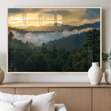68082278-MGV-FP-36X24-3P_Natural-Mountain Sunrise Wall Art Canvas Print, Framed Pine Forest Art Picture Print, Misty Mountains Perfect Earthy Woodland Decor