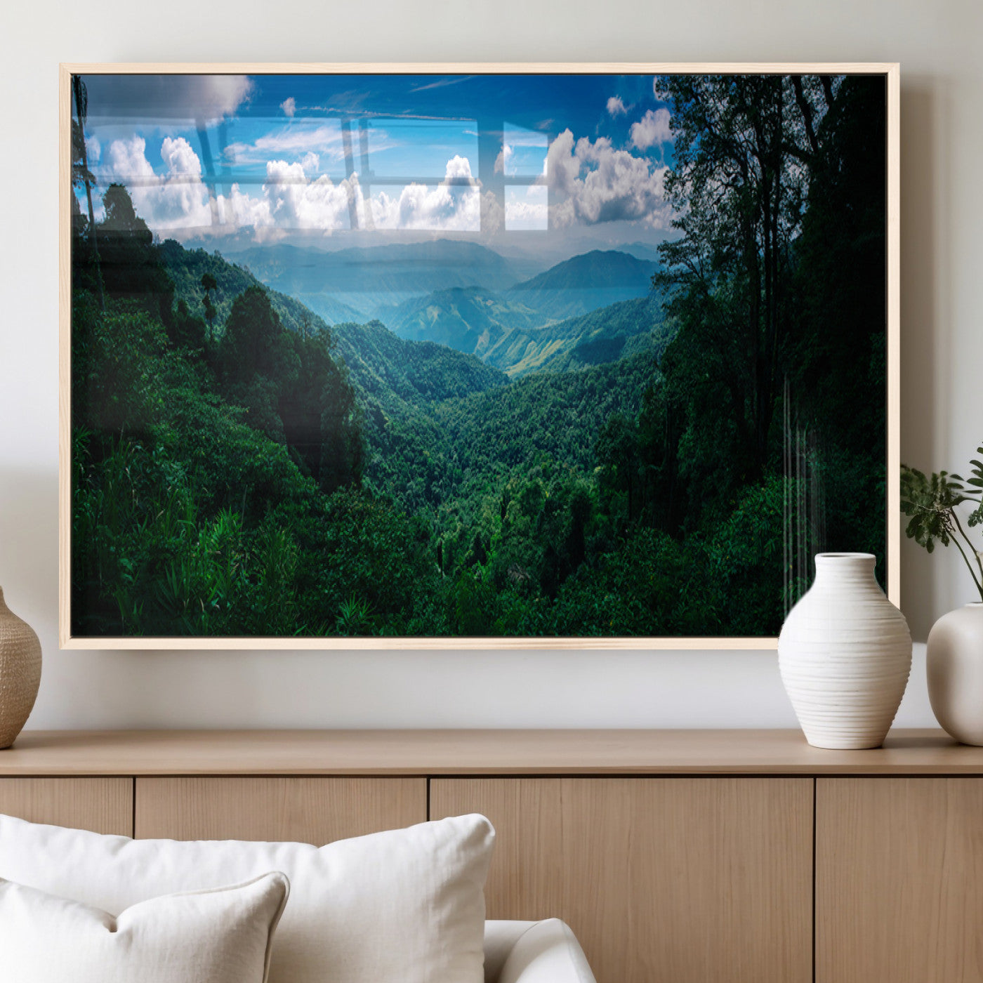 74439378-MGV-FP-36X24-3P_Natural-Tropical Jungle Wall Art Canvas Print, Framed Lush Valley Art Picture Print, Forest Mountains Perfect Tropical Wilderness Decor