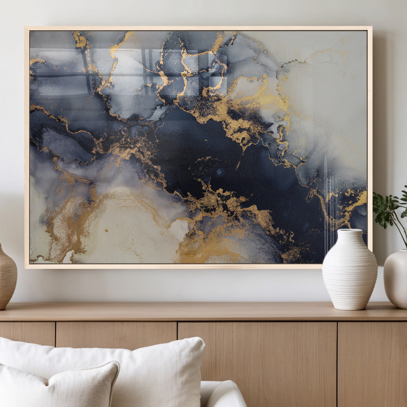 41136487-MGV-FP-36X24-3P_Natural-Black Marble Wall Art Canvas Print, Framed Gold Veins Art Picture Print, Abstract Texture Perfect Moody Luxe Decor Artwork