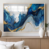 33506371-MGV-FP-36X24-3P_Natural-Blue Marble Wall Art Canvas Print, Framed Gold Splash Art Picture Print, Abstract Wave Perfect Modern Luxe Decor Artwork