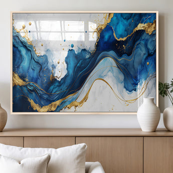 33506371-MGV-FP-36X24-3P_Natural-Blue Marble Wall Art Canvas Print, Framed Gold Splash Art Picture Print, Abstract Wave Perfect Modern Luxe Decor Artwork