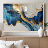 60283636-MGV-FP-36X24-3P_Natural-Blue Gold Flow Wall Art Canvas Print, Framed Marble Texture Art Picture Print, Elegant Splash Perfect Elegant Abstract Decor