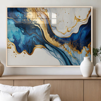 60283636-MGV-FP-36X24-3P_Natural-Blue Gold Flow Wall Art Canvas Print, Framed Marble Texture Art Picture Print, Elegant Splash Perfect Elegant Abstract Decor
