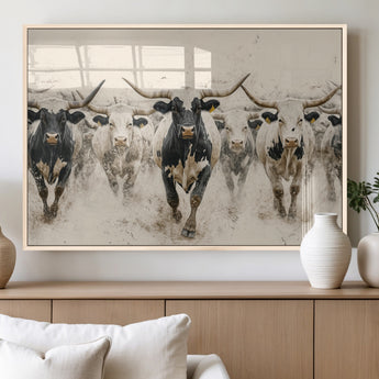 61538944-MGV-FP-36X24-3P_Natural-Texas Longhorn Wall Art Canvas Print, Framed Cattles Walking Art Picture Print, Black White Bulls Perfect Rustic Western Decor