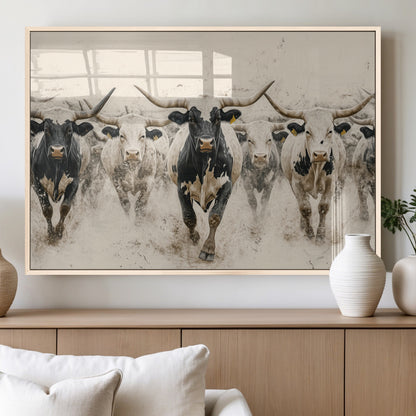 61538944-MGV-FP-36X24-3P_Natural-Texas Longhorn Wall Art Canvas Print, Framed Cattles Walking Art Picture Print, Black White Bulls Perfect Rustic Western Decor