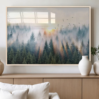 92718976-MGV-FP-36X24-3P_Natural-Misty Forest Wall Art Canvas Print, Framed Sunrise Pines Art Picture Print, Foggy Woodland Perfect Moody Woodland Decor Artwork