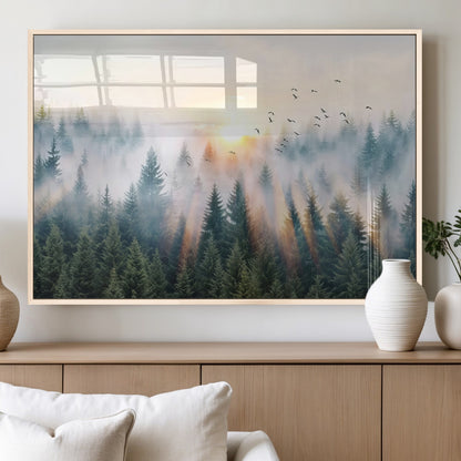 92718976-MGV-FP-36X24-3P_Natural-Misty Forest Wall Art Canvas Print, Framed Sunrise Pines Art Picture Print, Foggy Woodland Perfect Moody Woodland Decor Artwork