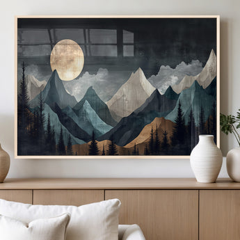 11060882-MGV-FP-60X30-3P_Natural-Moonlit Mountains Wall Art Canvas Print, Framed Forest Silhouette Art Picture Print, Night Landscape Perfect Modern Forest Decor