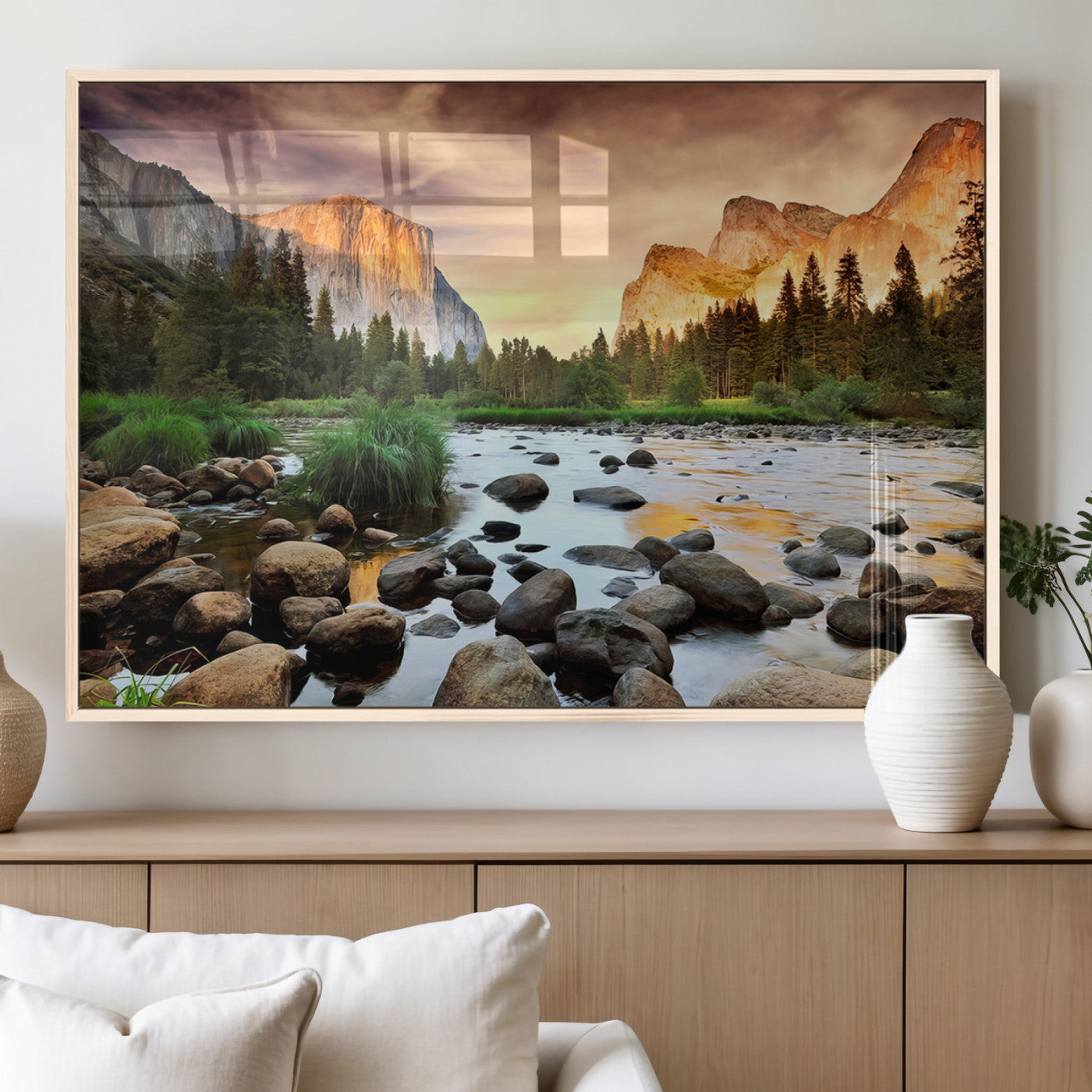 90956031-MGV-FP-36X24-3P_Natural-Yosemite Valley Wall Art – Scenic Mountain River Landscape Canvas Print, Nature Photography for Living Room, Bedroom, Cabin,