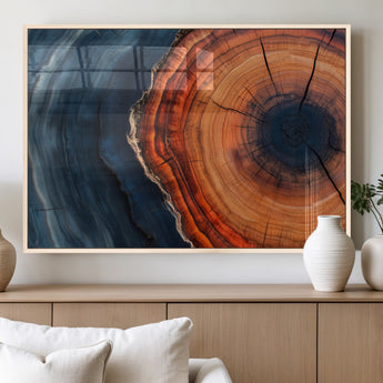 57732250-MGV-FP-36X24-3P_Natural-Tree Ring Abstract Wall Art – Blue Orange Wood Grain Canvas Print, Modern Rustic Nature Artwork for Living Room, Office,