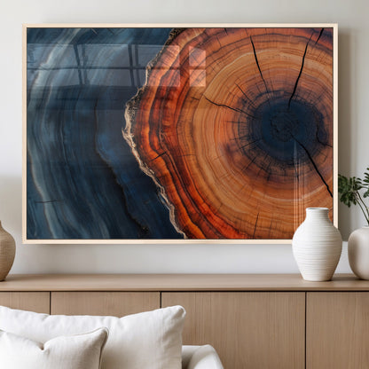 57732250-MGV-FP-36X24-3P_Natural-Tree Ring Abstract Wall Art – Blue Orange Wood Grain Canvas Print, Modern Rustic Nature Artwork for Living Room, Office,