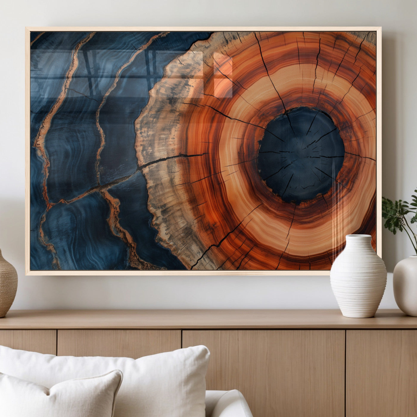41123192-MGV-FP-36X24-3P_Natural-Tree Ring Canvas Wall Art – Abstract Blue Orange Wood Grain Print, Rustic Modern Nature Artwork for Living Room, Bedroom, Office