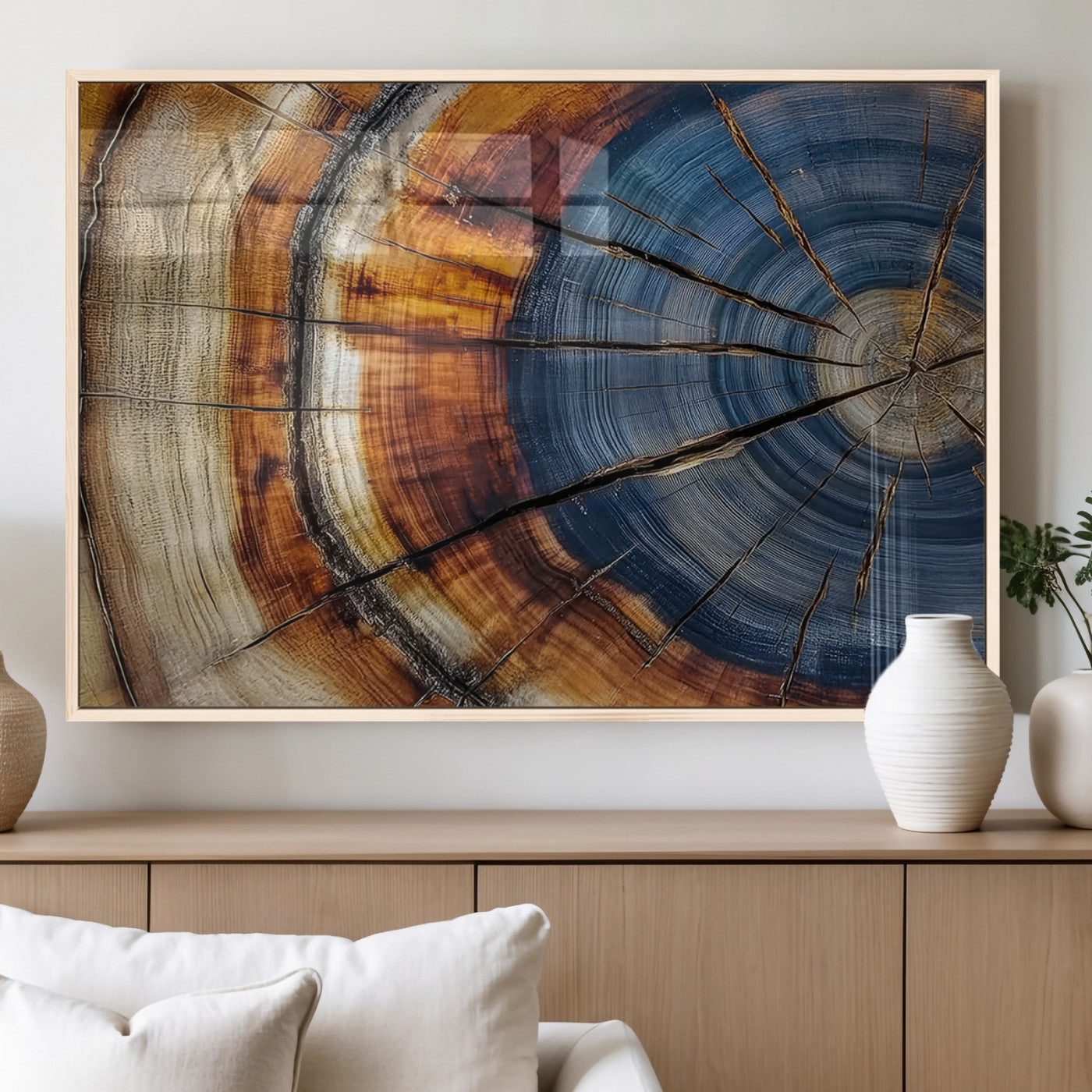 18032999-MGV-FP-36X24-3P_Natural-Tree Ring Wall Art – Blue Brown Abstract Wood Slice Canvas Print, Rustic Modern Nature Decor for Living Room, Office, Bedroom or