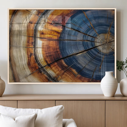 18032999-MGV-FP-36X24-3P_Natural-Tree Ring Wall Art – Blue Brown Abstract Wood Slice Canvas Print, Rustic Modern Nature Decor for Living Room, Office, Bedroom or