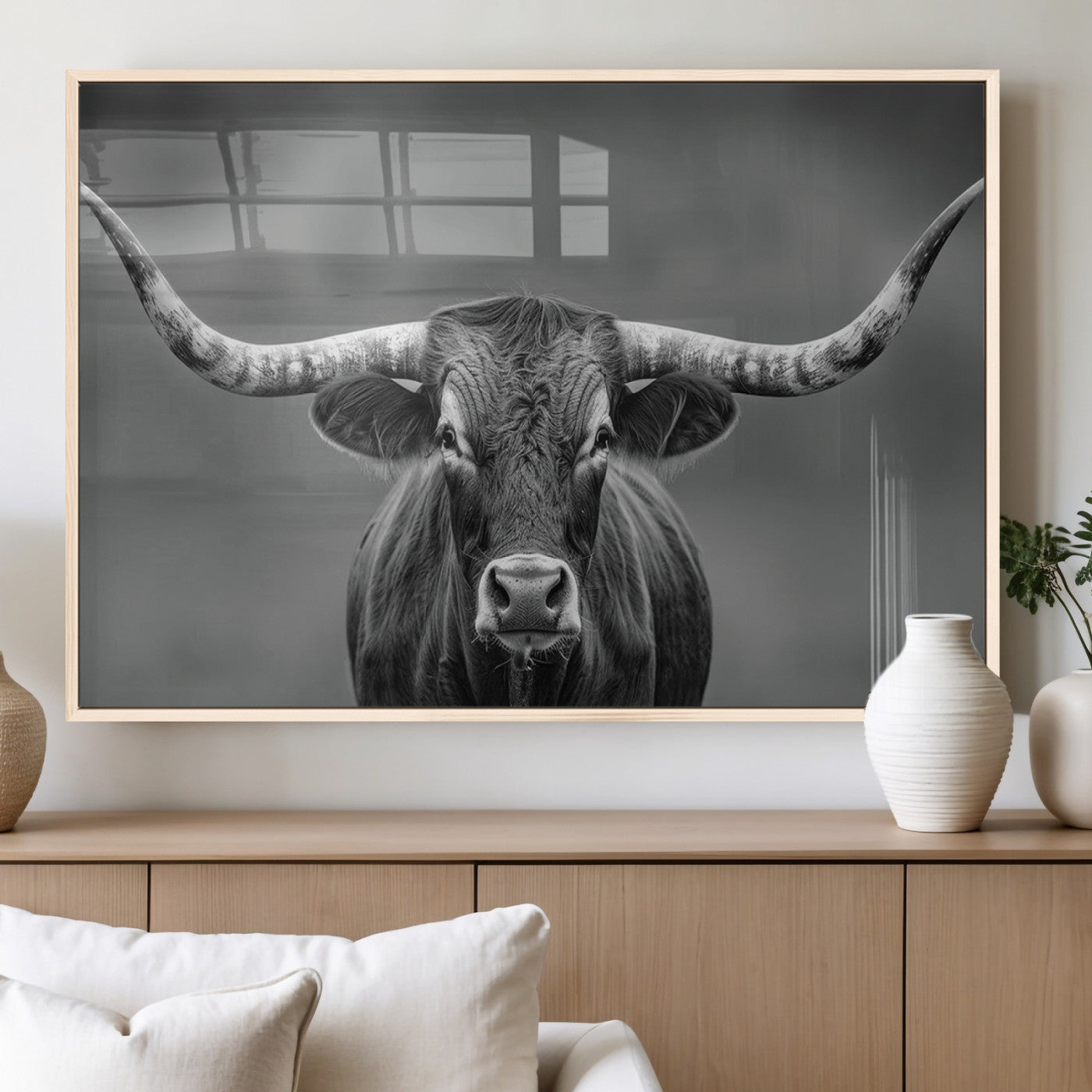 81228550-MGV-FP-36X24-3P_Natural-Framed Texas Longhorn Bull Art Canvas Print, Western Bull Wall Art Print, Long Horn Bull Photo Print for Log Cabin, Large Bull