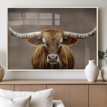 12179171-MGV-FP-60X30-3P_Natural-Texas Longhorn Wall Art Canvas Print, Framed Brown Bull Art Picture Print, Lone Cattle Perfect Rustic Western Decor Artwork