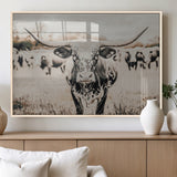 27497342-MGV-FP-60X30-3P_Natural-Texas Longhorn Wall Art Canvas Print, Framed Speckled Cow Art Picture Print, Horned Cattle Perfect Rustic Western Decor Artwork