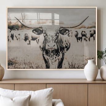 27497342-MGV-FP-60X30-3P_Natural-Texas Longhorn Wall Art Canvas Print, Framed Speckled Cow Art Picture Print, Horned Cattle Perfect Rustic Western Decor Artwork