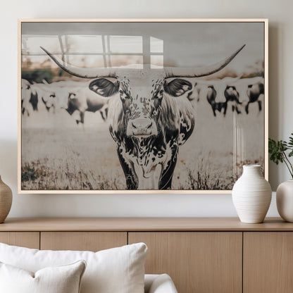 27497342-MGV-FP-60X30-3P_Natural-Texas Longhorn Wall Art Canvas Print, Framed Speckled Cow Art Picture Print, Horned Cattle Perfect Rustic Western Decor Artwork