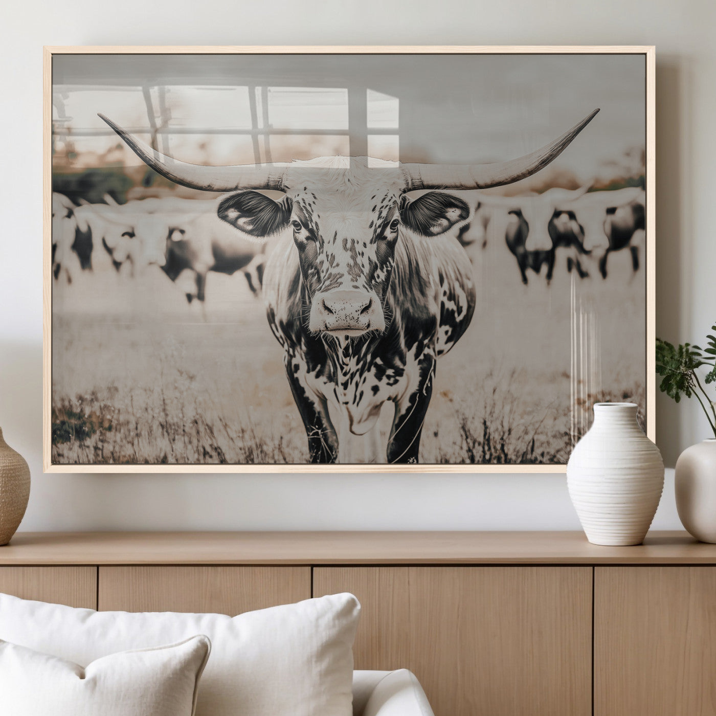 27497342-MGV-FP-36X24-3P_Natural-Texas Longhorn Wall Art Canvas Print, Framed Speckled Cow Art Picture Print, Horned Cattle Perfect Rustic Western Decor Artwork