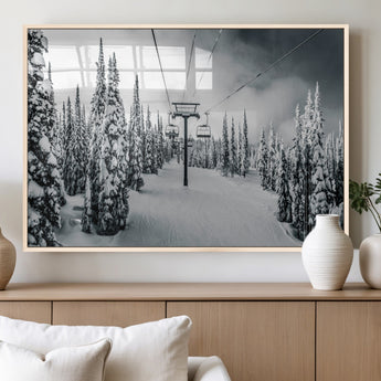 31156828-MGV-FP-60X30-3P_Natural-Snowy Pines Wall Art Canvas Print, Framed Ski Lift Art Picture Print, Winter Forest Perfect Moody Lodge Decor Artwork