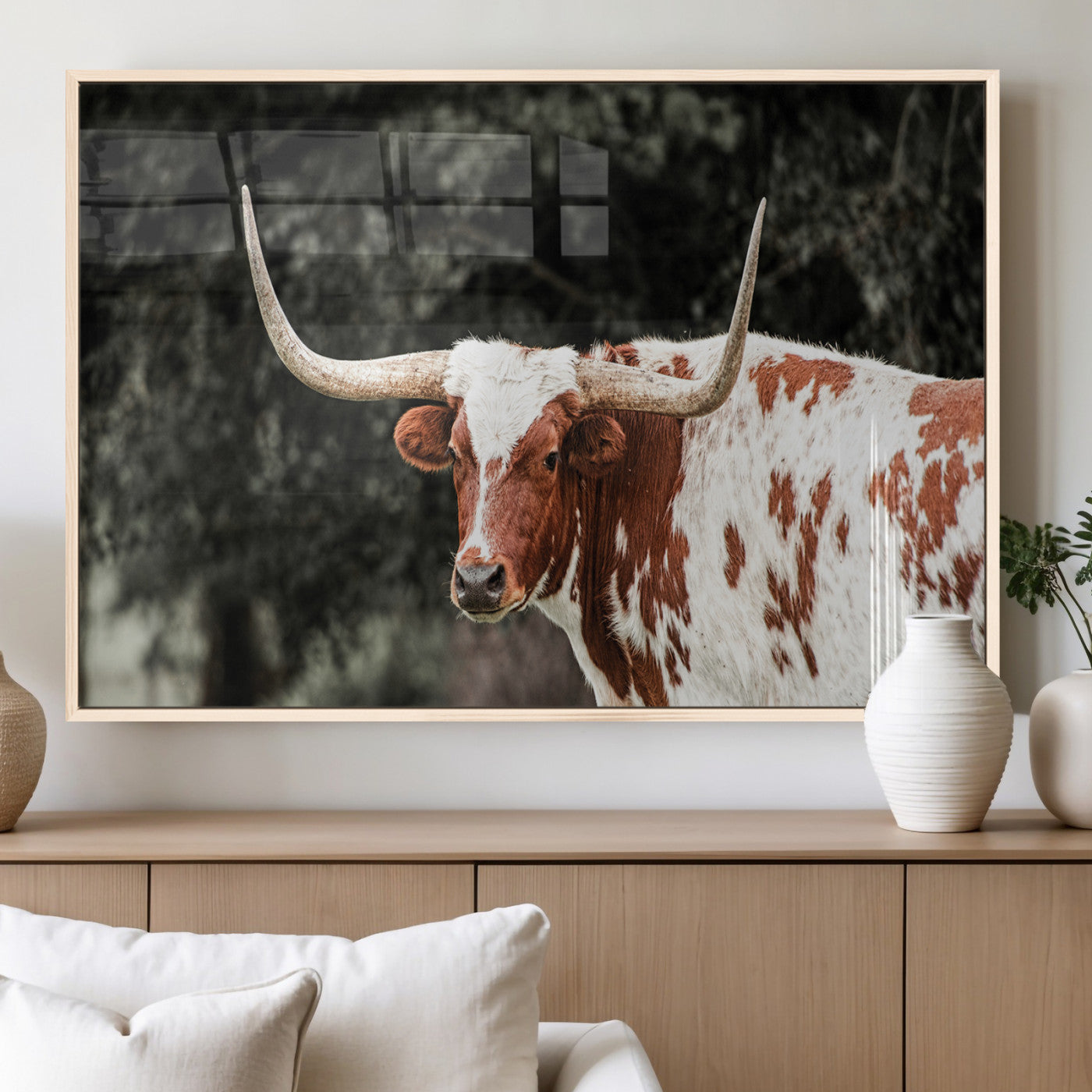 54027638-MGV-FP-36X24-3P_Natural-Texas Longhorn Wall Art Canvas Print, Framed Spotted Cow Art Picture Print, Horned Bull Perfect Rustic Western Decor Artwork