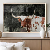 54027638-MGV-FP-36X24-3P_Natural-Texas Longhorn Wall Art Canvas Print, Framed Spotted Cow Art Picture Print, Horned Bull Perfect Rustic Western Decor Artwork