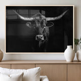 42077175-MGV-FP-36X24-3P_Natural-Texas Longhorn Wall Art Canvas Print, Framed Monochrome Bull Art Picture Print, Horned Bull Perfect Rustic Western Decor Artwork