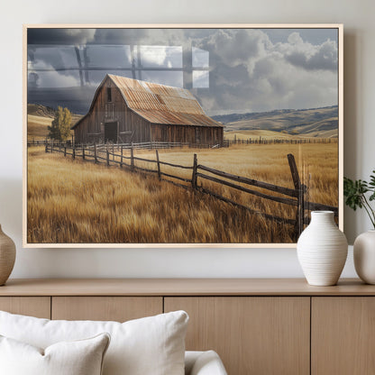 38758826-MGV-FP-36X24-3P_Natural-Rustic Barn Wall Art Canvas Print, Framed Moody Barn Art Picture Print, Golden Field Perfect Rustic Farmhouse Decor Artwork
