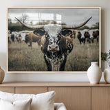 79025945-MGV-FP-36X24-3P_Natural-Texas Longhorn Wall Art Canvas Print, Framed Speckled Cow Art Picture Print, Horned Cattle Perfect Rustic Western Decor Artwork