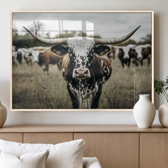 79025945-MGV-FP-36X24-3P_Natural-Texas Longhorn Wall Art Canvas Print, Framed Speckled Cow Art Picture Print, Horned Cattle Perfect Rustic Western Decor Artwork
