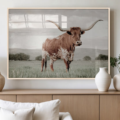 28309012-MGV-FP-36X24-3P_Natural-Texas Longhorn Wall Art Canvas Print, Framed Spotted Cattle Art Picture Print, Horned Bull Perfect Rustic Western Decor Artwork