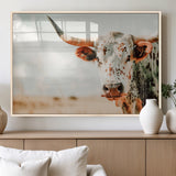 72766375-MGV-FP-36X24-3P_Natural-Texas Longhorn Wall Art Canvas Print, Framed Spotted Cow Art Picture Print, Horned Cattle Perfect Rustic Western Decor Artwork