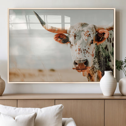 72766375-MGV-FP-36X24-3P_Natural-Texas Longhorn Wall Art Canvas Print, Framed Spotted Cow Art Picture Print, Horned Cattle Perfect Rustic Western Decor Artwork
