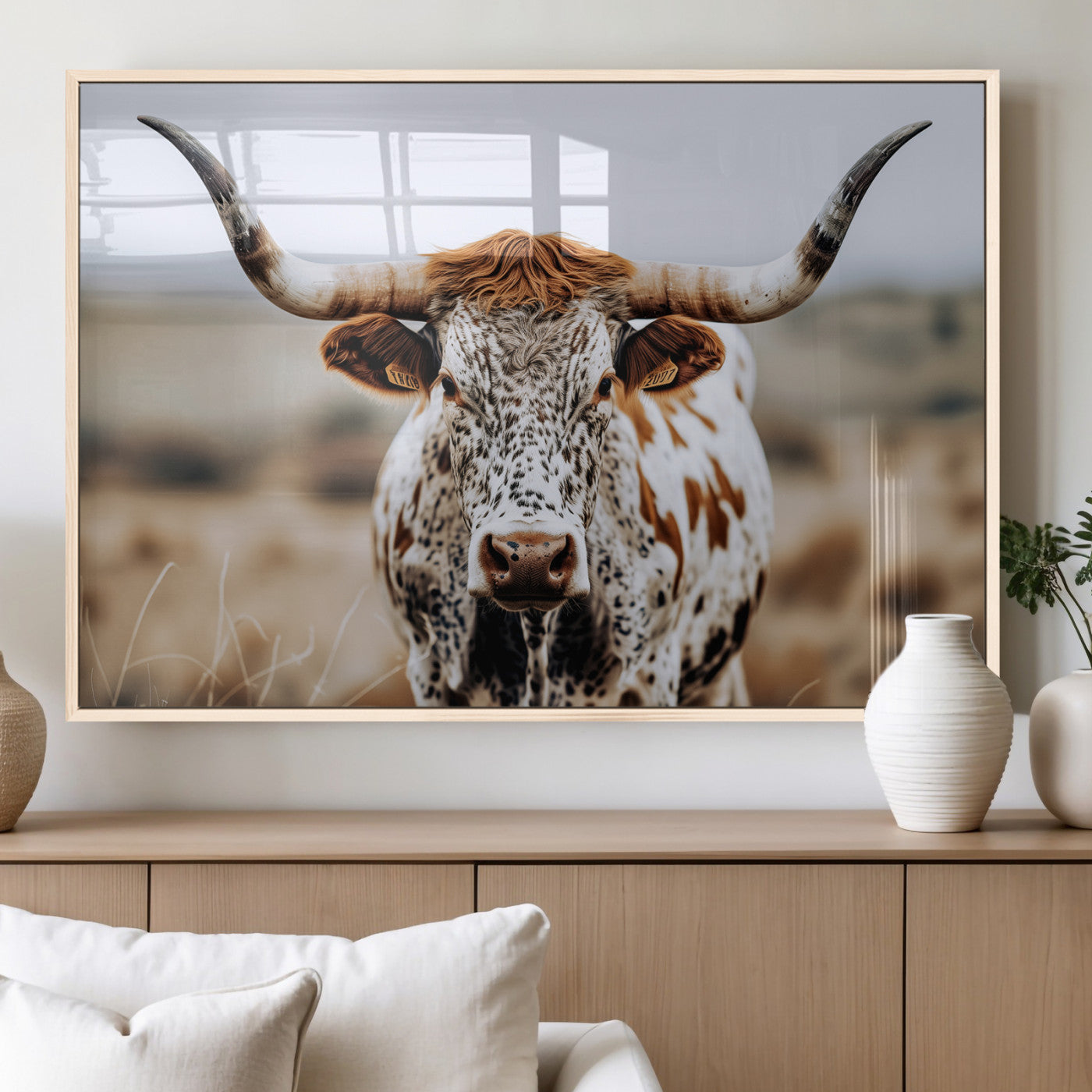 76294381-MGV-FP-36X24-3P_Natural-Texas Longhorn Wall Art Canvas Print, Framed Spotted Cow Art Picture Print, Horned Cattle Perfect Rustic Western Decor Artwork