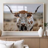 76294381-MGV-FP-36X24-3P_Natural-Texas Longhorn Wall Art Canvas Print, Framed Spotted Cow Art Picture Print, Horned Cattle Perfect Rustic Western Decor Artwork