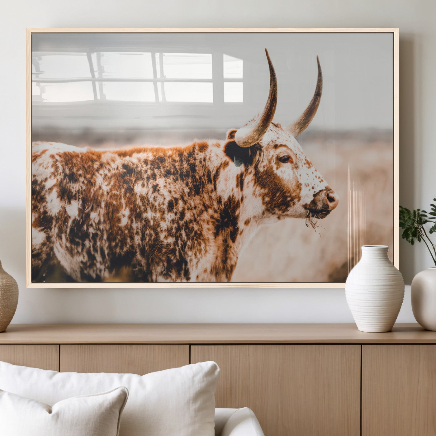 11528295-MGV-FP-36X24-3P_Natural-Speckled Longhorn Wall Art Canvas Print, Framed Texas Cattle Art Picture Print, Horned Cow Perfect Rustic Western Decor Artwork