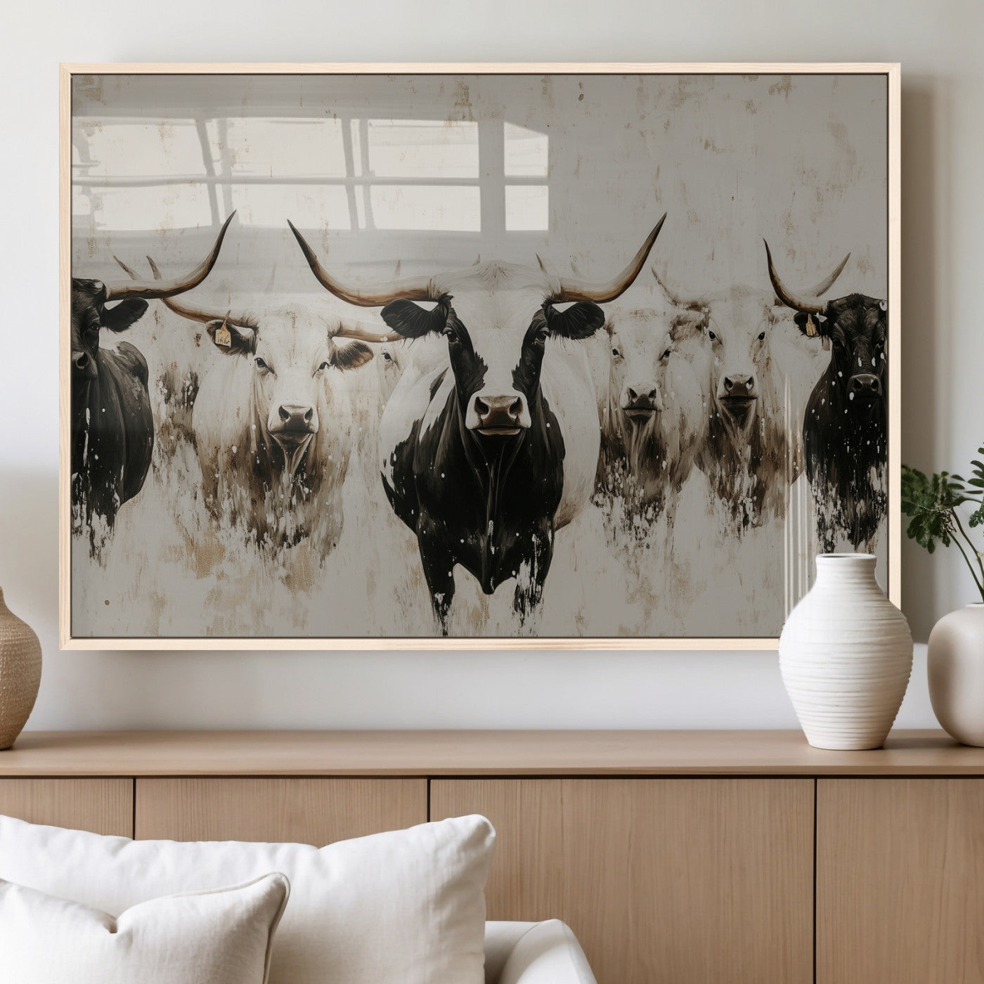 12027562-MGV-FP-60X30-3P_Natural-Longhorn Cattle Wall Art Canvas Print, Framed Bison Herd Art Picture Print, Cattle Group Perfect Rustic Farmhouse Decor Artwork